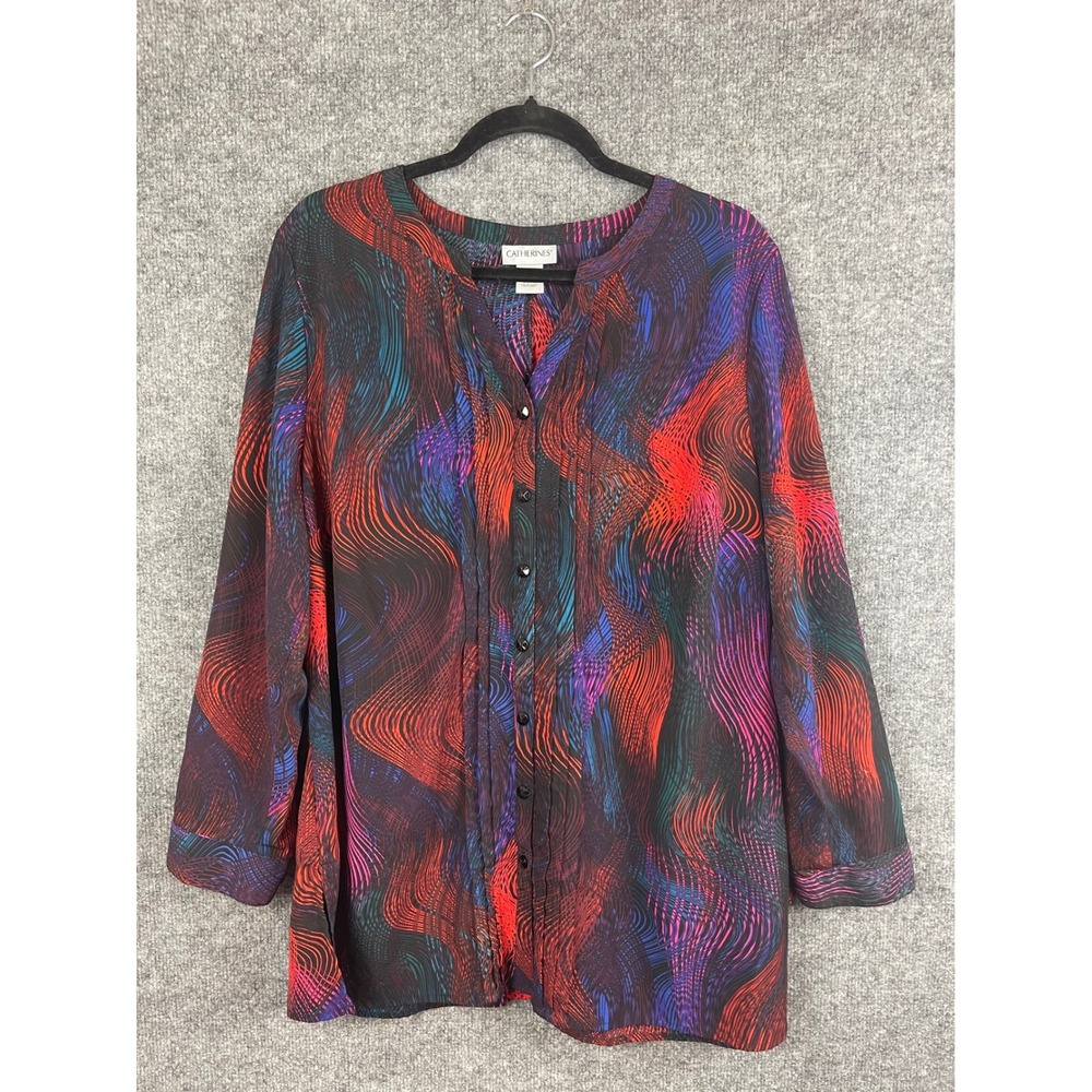 Catherines Button Front Tunic Womens 0X Multicolor Excellent Abstract Wave Print